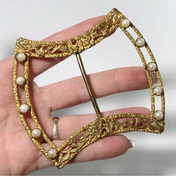 Vintage Ornate Filigree Pearl Gold Gilt Victorian Sash Belt Buckle Large Estate - Picture 14 of 14